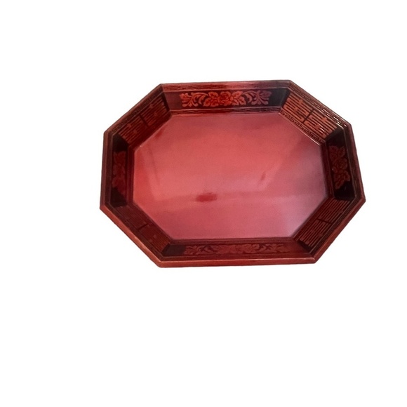 Set  Vintage‎ Asian Red Hand Carved Wooden Lacquerware Octagonal Decorative Tray - Picture 7 of 15